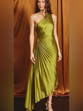Dress Forum One-Shoulder Olive Green Pleated Midi Gown